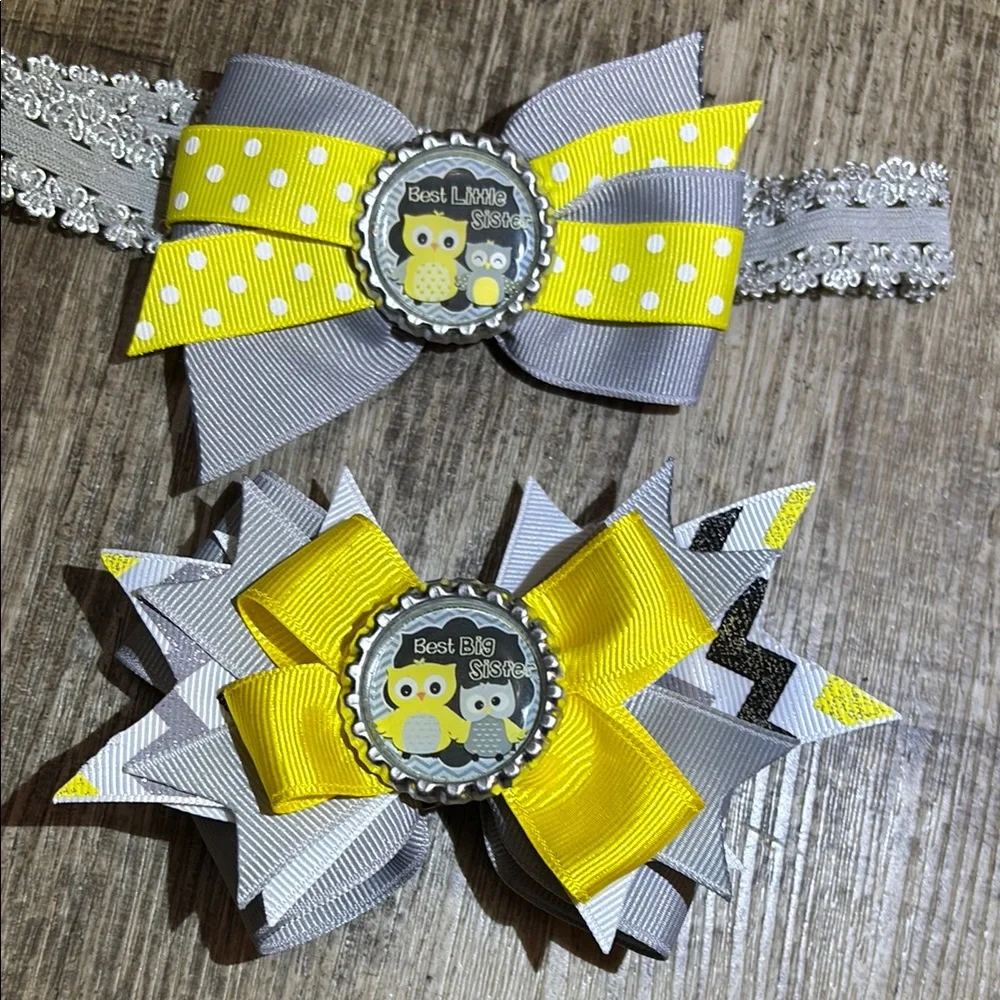 Big and little sister set of Yellow and Gray Decorative Hair Accessories owl